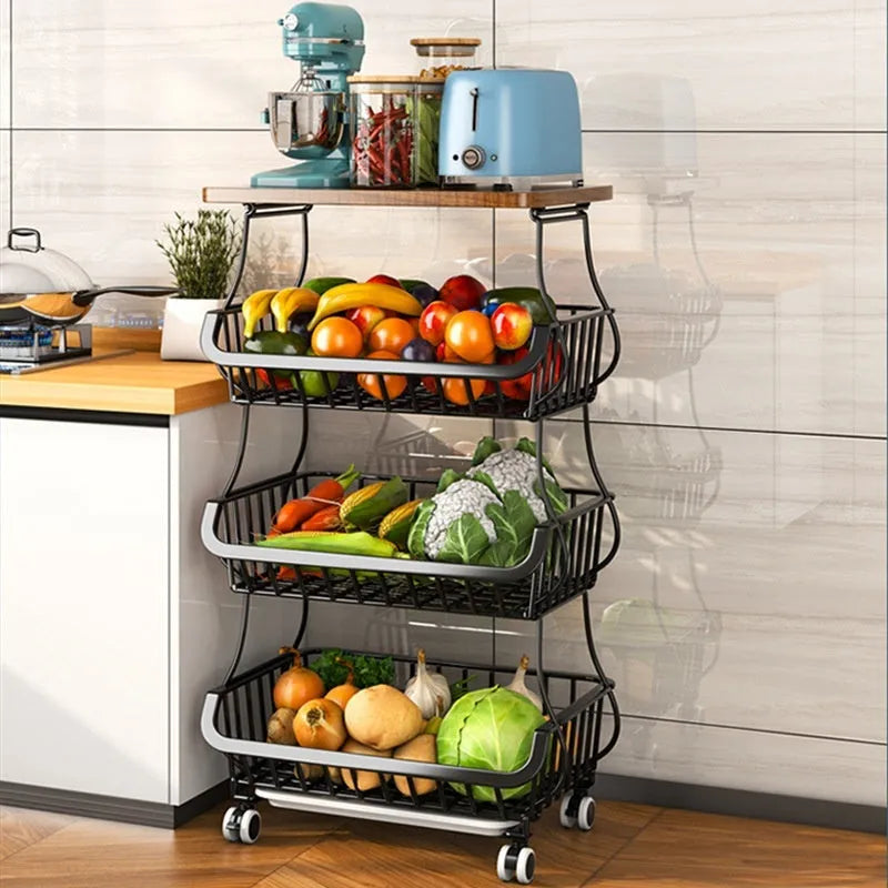Black six-layer carbon steel kitchen floor storage rack with foldable design