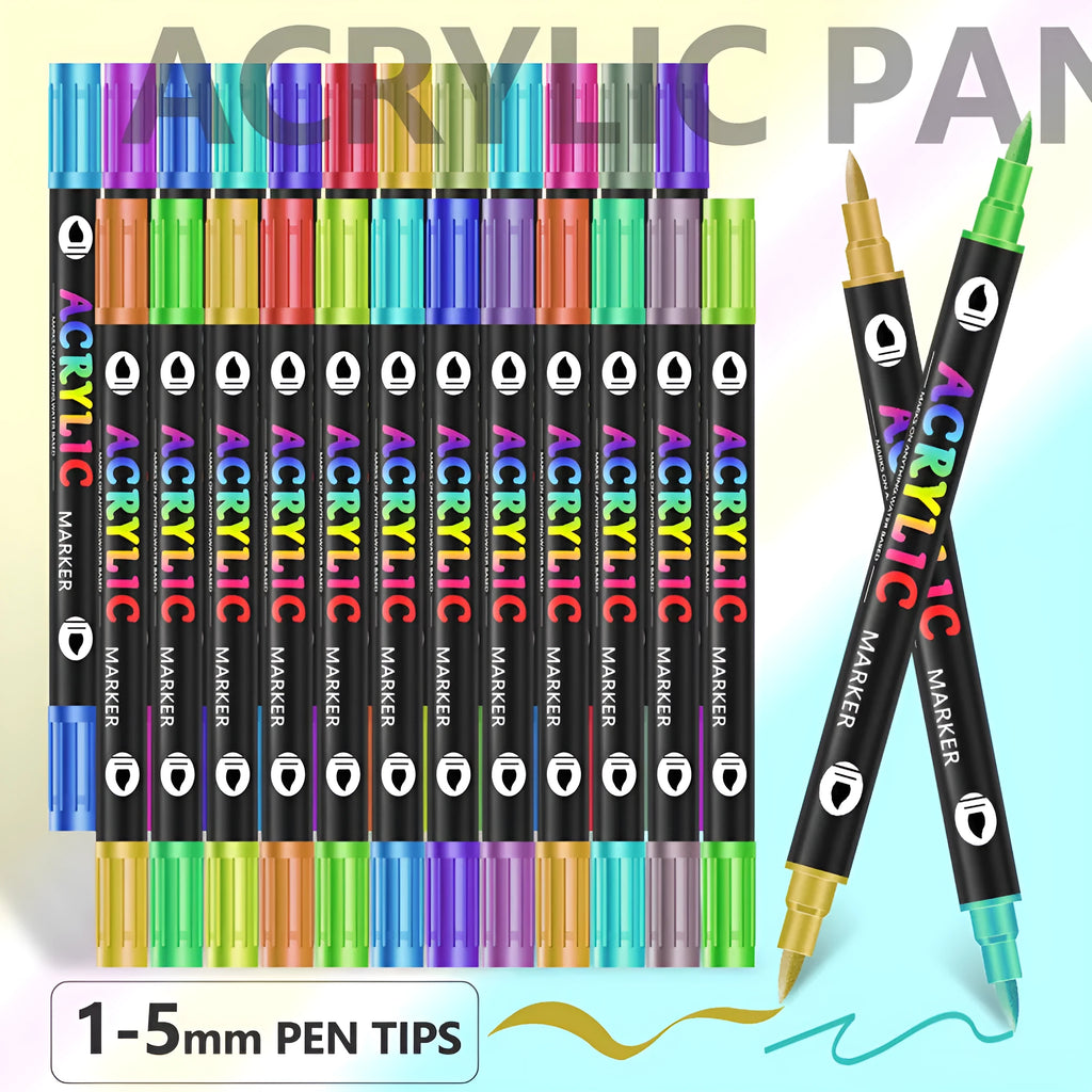 Set of double-headed washable acrylic marker pens in assorted colours, showing two tips on each pen.