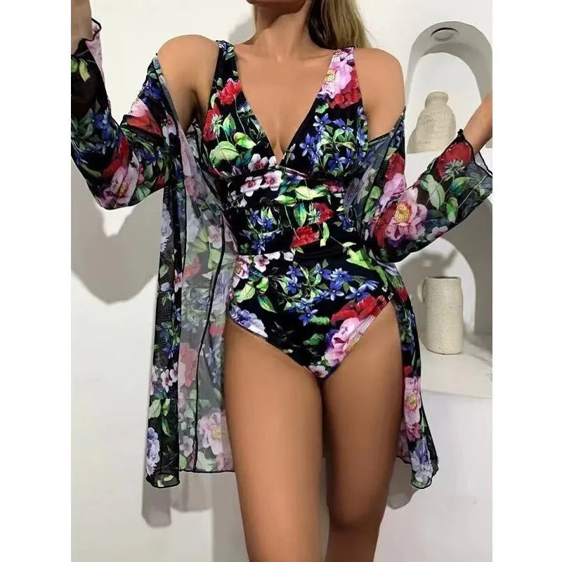 Women's floral print tight bikini and matching cover-up set in a choice of seven colours.