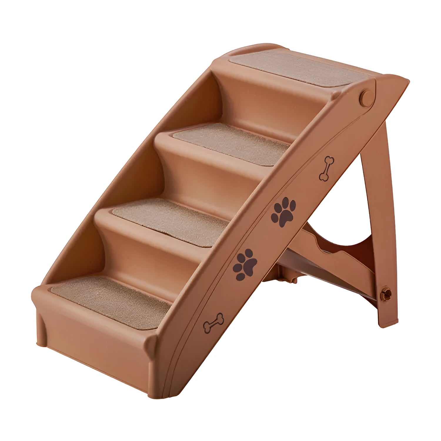 Foldable grey plastic pet stairs for small dogs and cats next to a sofa, with a non-slip mat visible.