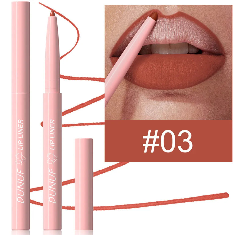 Velvet matte lip liner pencil in one of 12 available shades on a white background.