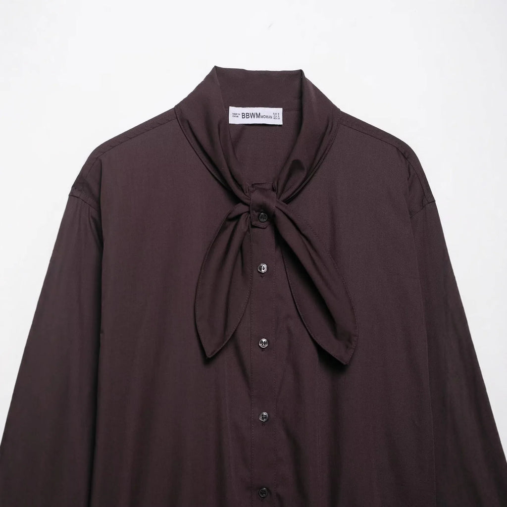 Brown women's poplin shirt with bow tie scarf, loose fit design