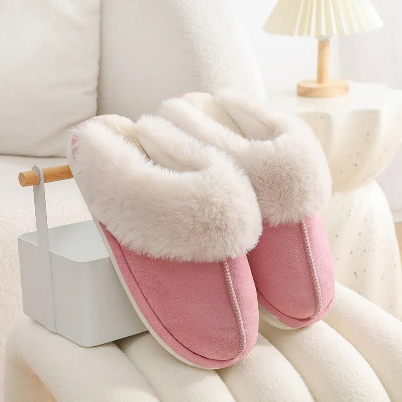 Brown women's plush indoor slippers with round toe, stitching detail, and flat non-slip sole.