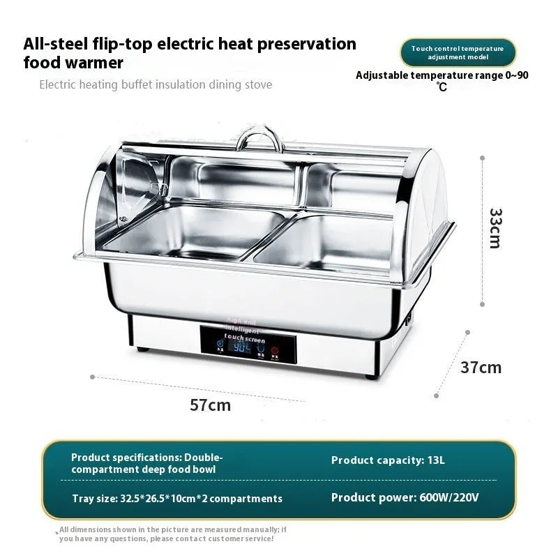 Stainless steel electric buffet food warmer with LCD screen and transparent flip-up lid