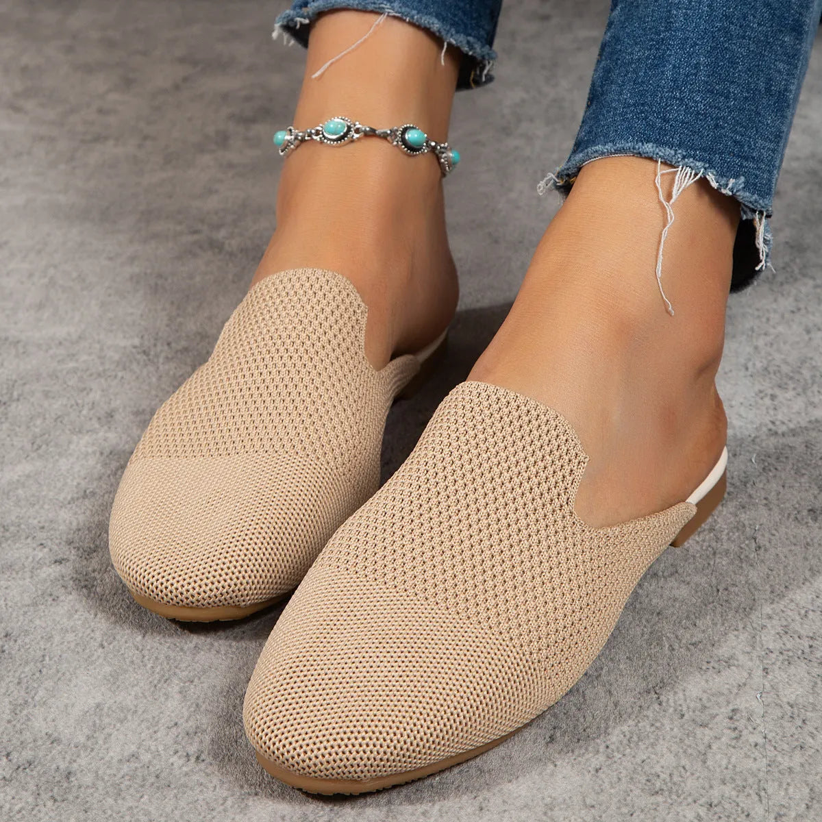 Mesh slip-on sandals in apricot, blue, or green with round toe and flat rubber sole