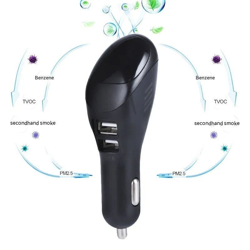 White car USB charger and negative ion air purifier with compact dimensions