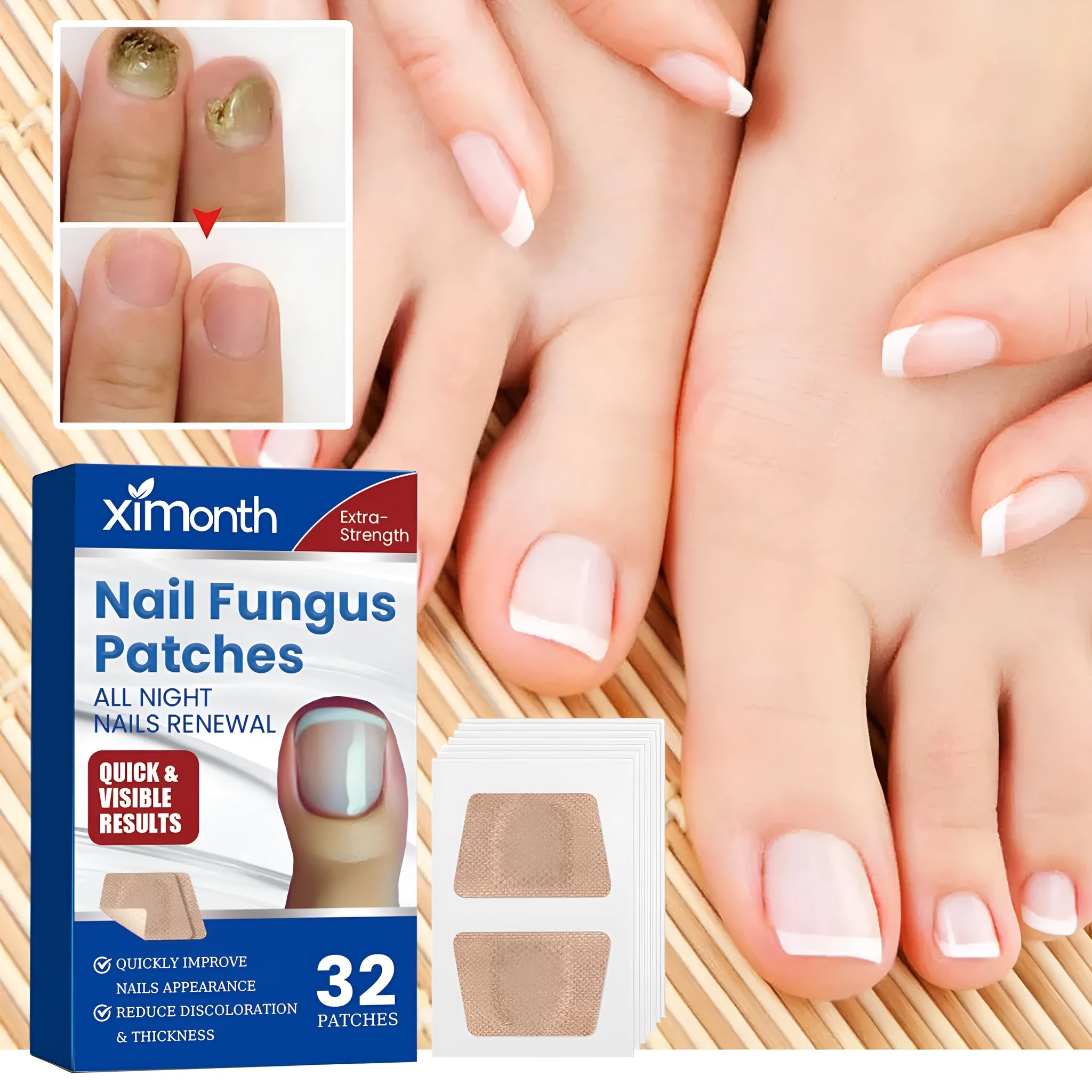 Box of 32 nail repair adhesive bandage patches, each measuring 6.1 by 3.5 centimetres.