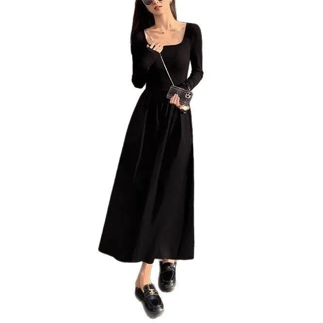 Women's square collar knitted dress with elastic waist and A-line long skirt in black or grey