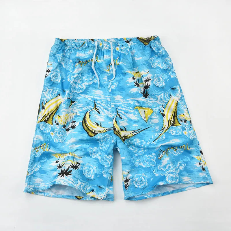 Men's floral printed swimming trunks with five-point design in quick-dry polyester material
