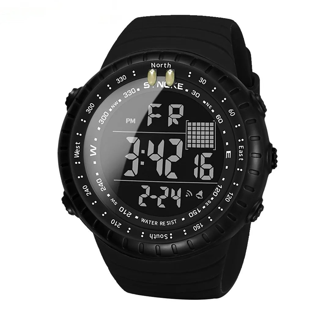 Men's black waterproof outdoor electronic watch with large 54.74mm dial and adjustable PU strap