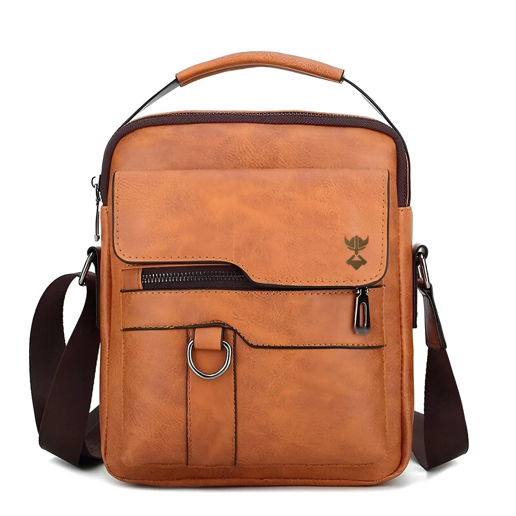 Khaki PU leather men's shoulder bag with square vertical shape and single strap.