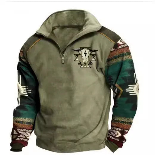 Digital print stand collar men's street zip-up hoodie in polyester air layer fabric loose fit