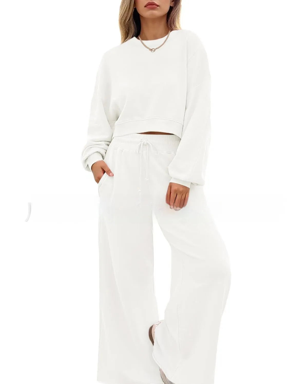 Women's solid colour polyester two-piece trousers set with street hipster styling