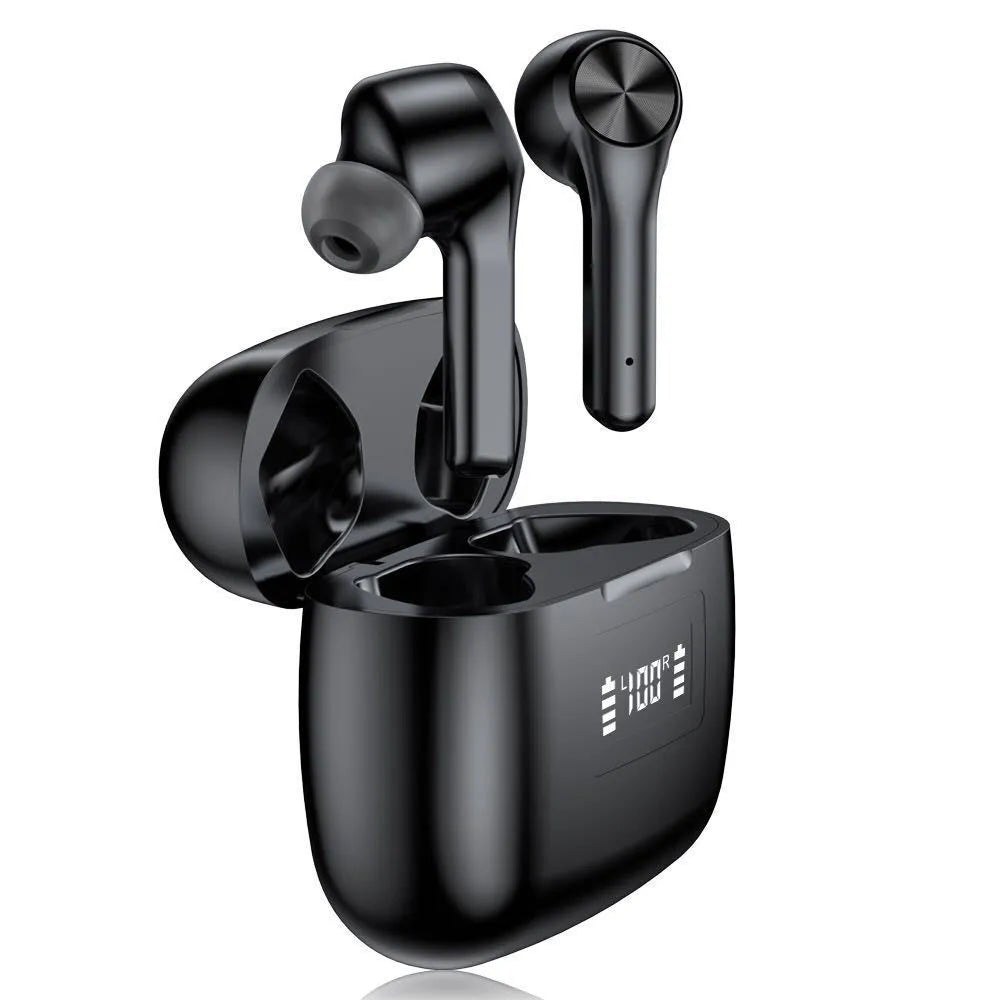 Cool black wireless noise cancelling in-ear headphones with charging case on a white background.