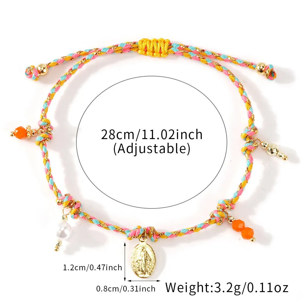 A colourful hand-woven braided rope bracelet with an adjustable strap and tag charm.