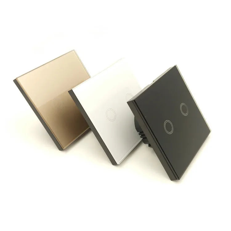 Type 86 tempered glass touch light switch for wall mounting in black, gold, or white.