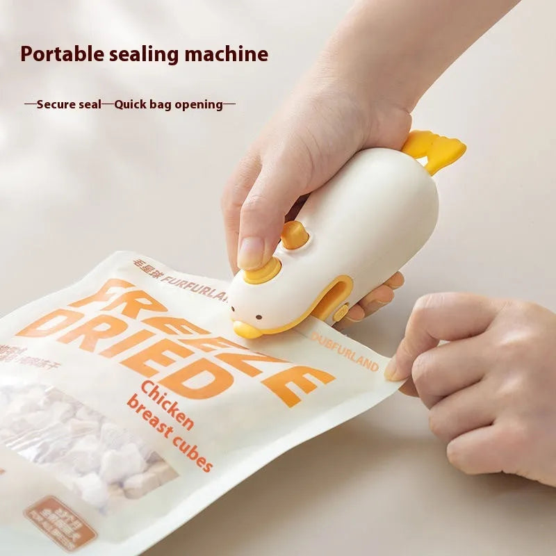 Small yellow duck shaped rechargeable sealing machine with charging cable on a white background.
