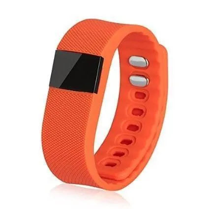 Bracelet pedometer with black plastic and ABS band showing display tracking steps, distance, calories and time