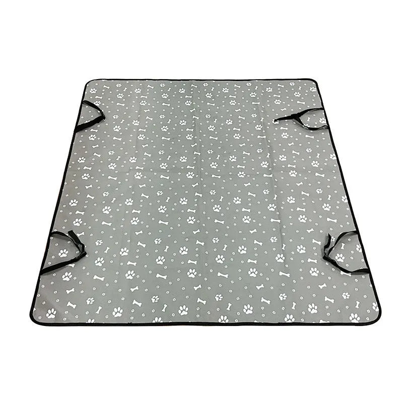 Waterproof cloth car pet mat for rear seat with dog bone print design on a grey background.