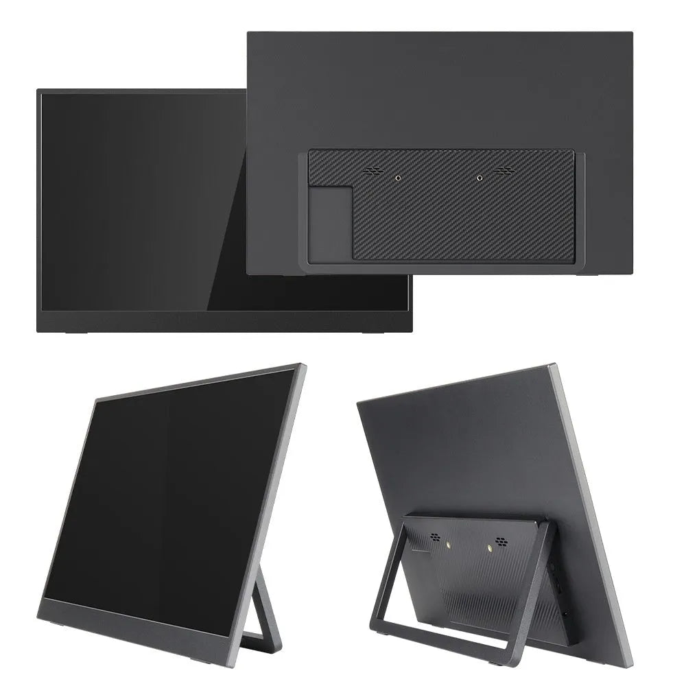 Black 15.6-inch portable monitor on an adjustable stand showing a desktop display.