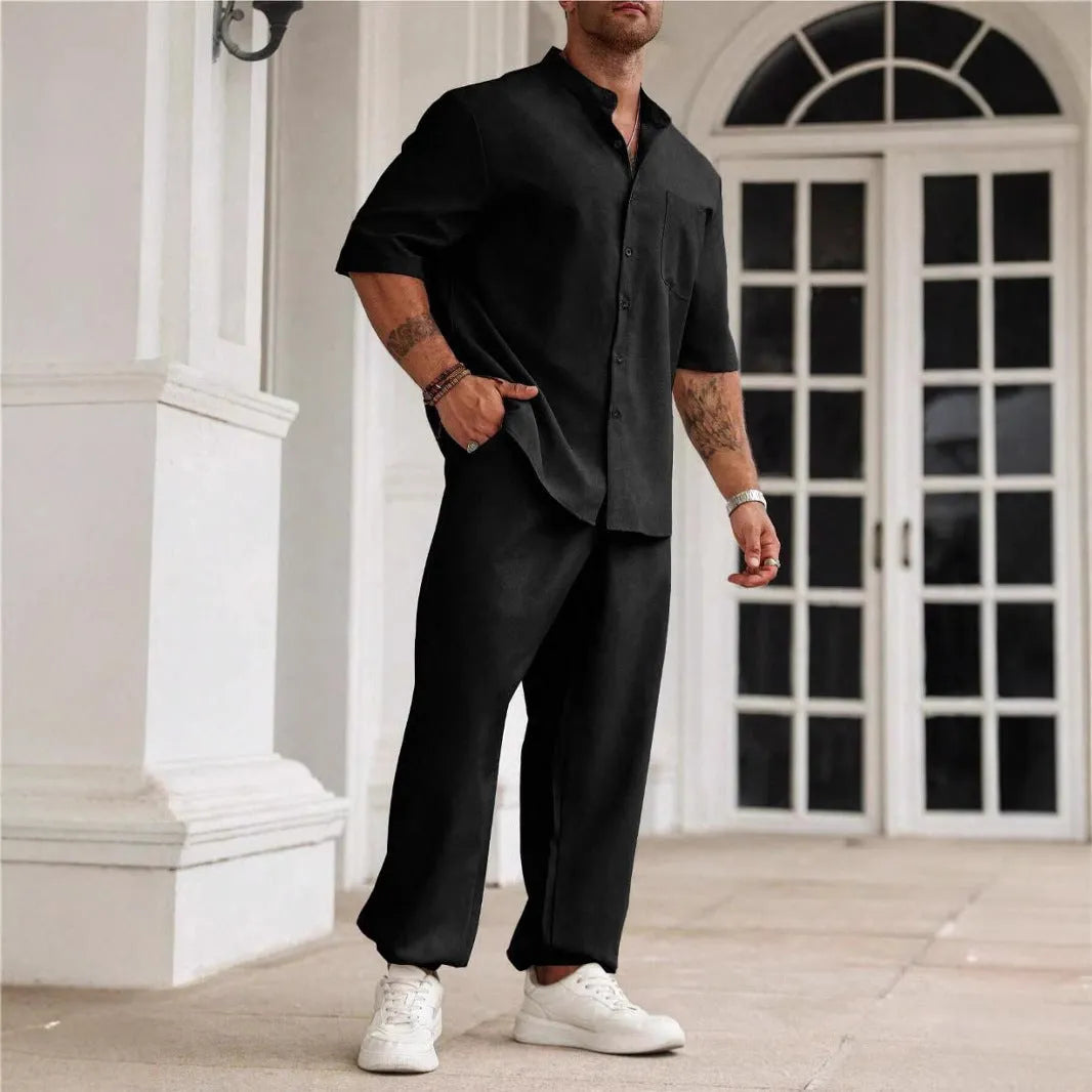 Men's linen cotton short sleeve button shirt with matching trousers casual set in three colours