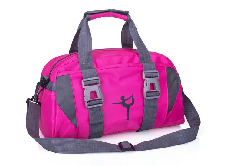Nylon yoga gym bag showing medium and large size options in six colour variations
