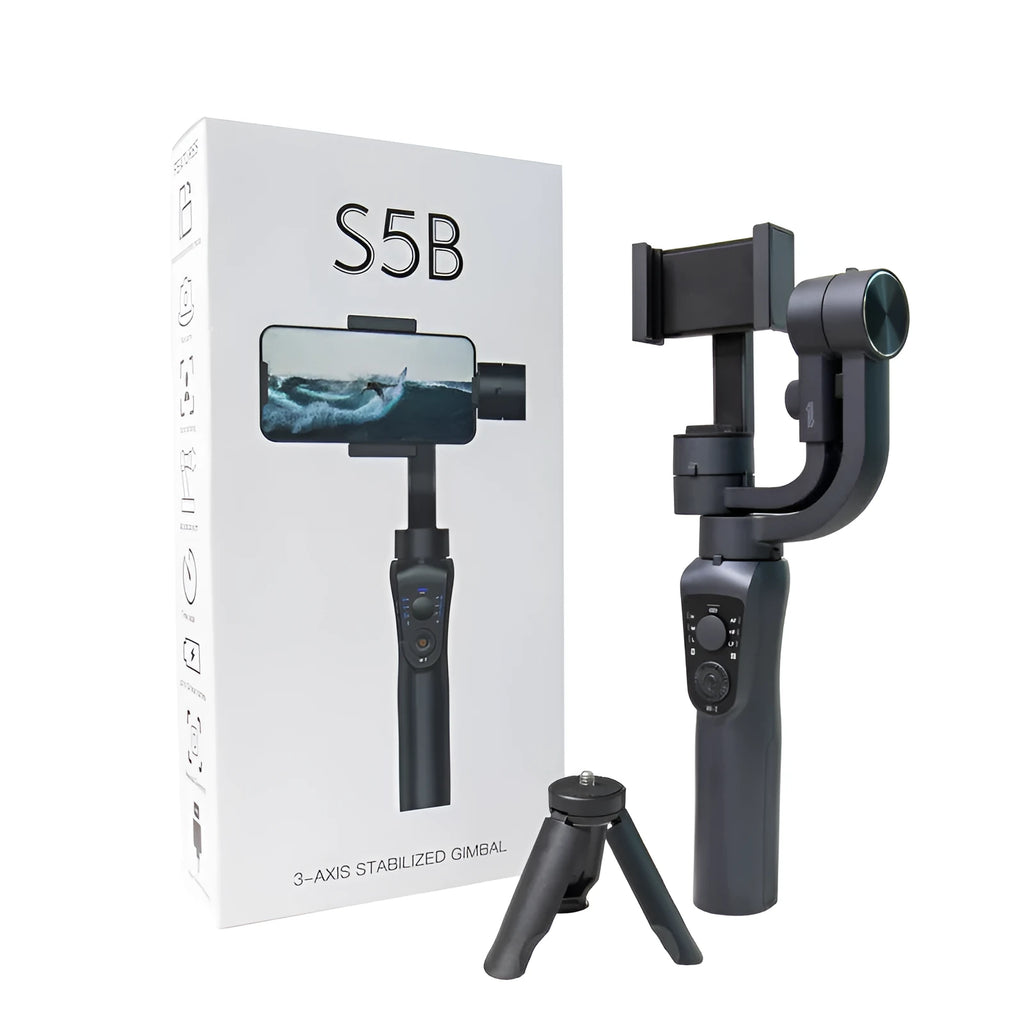 Black three-axis handheld gimbal stabilizer for mobile phones showing PTZ mechanism.