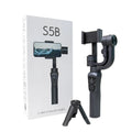 Black three-axis handheld gimbal stabilizer for mobile phones showing PTZ mechanism.