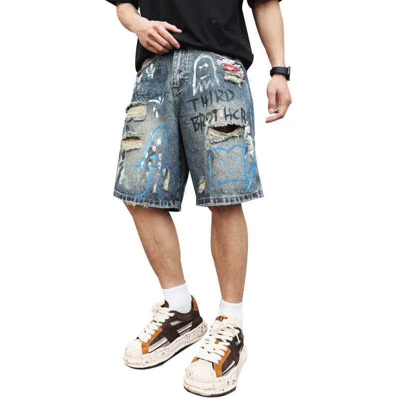 Blue ripped men's denim jeans shorts with a zip fly and straight-leg opening.