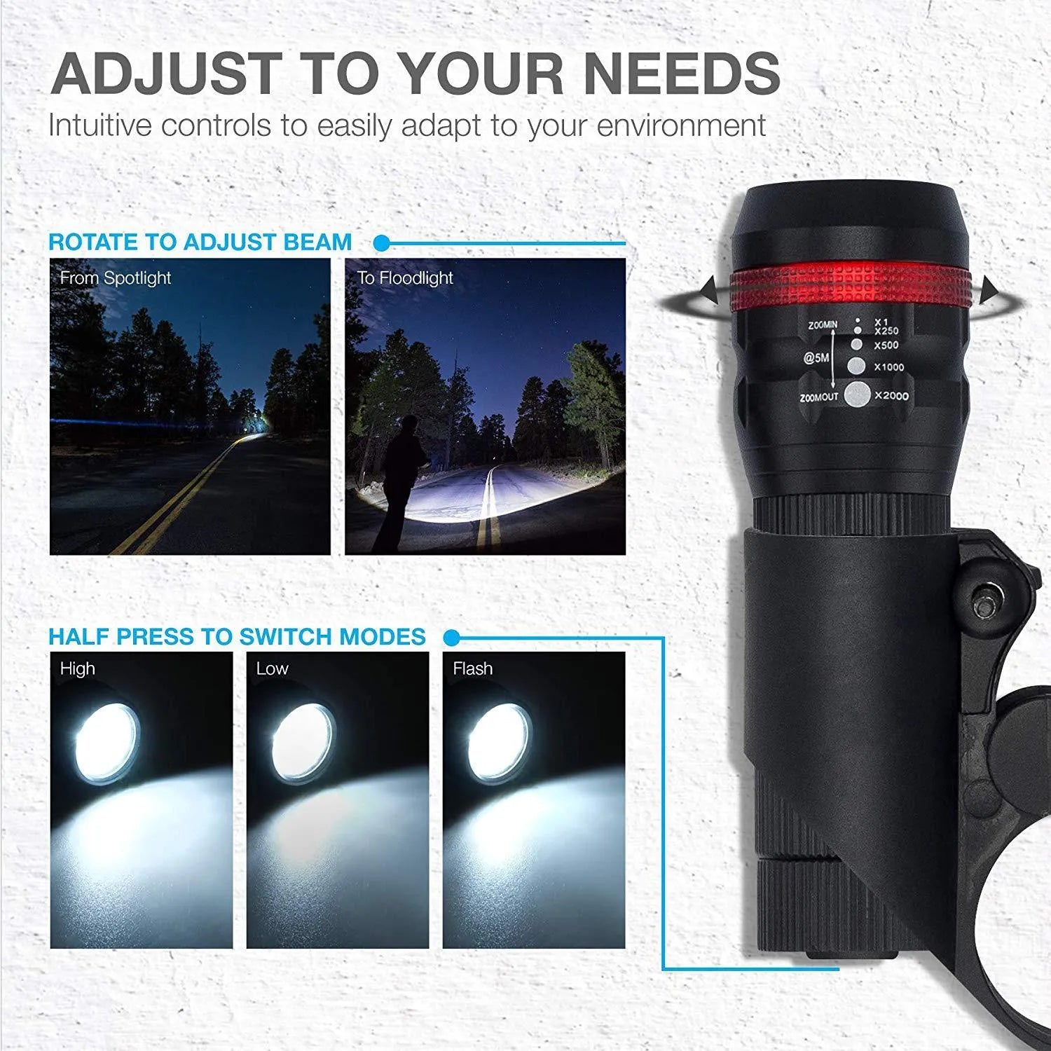 Bicycle headlight and red taillight set with mounting brackets on a bike.