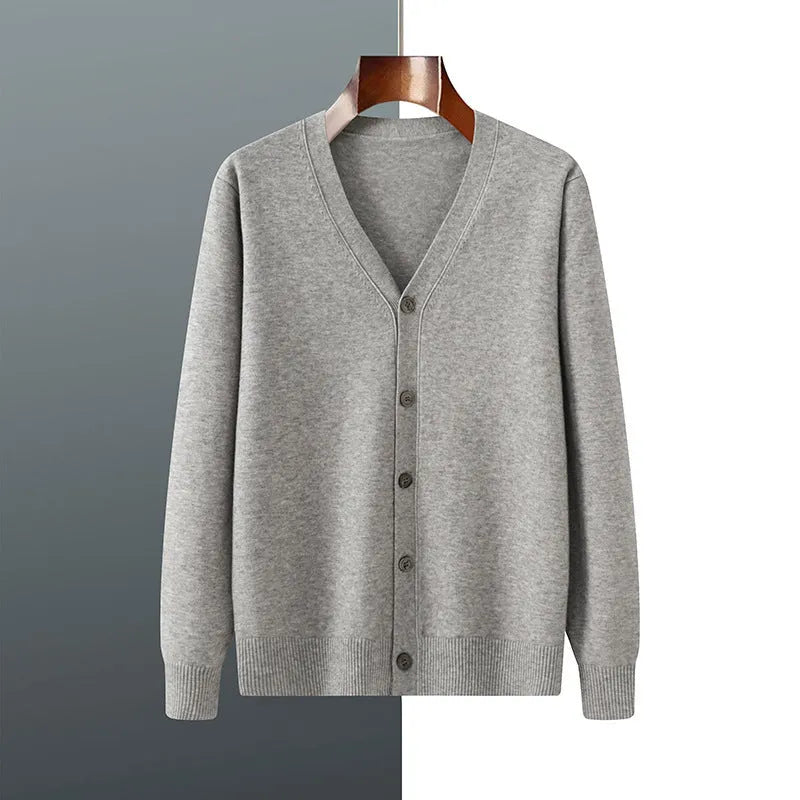Men's V-neck cardigan coat in Andy velvet fabric showing loose fit and long sleeve design