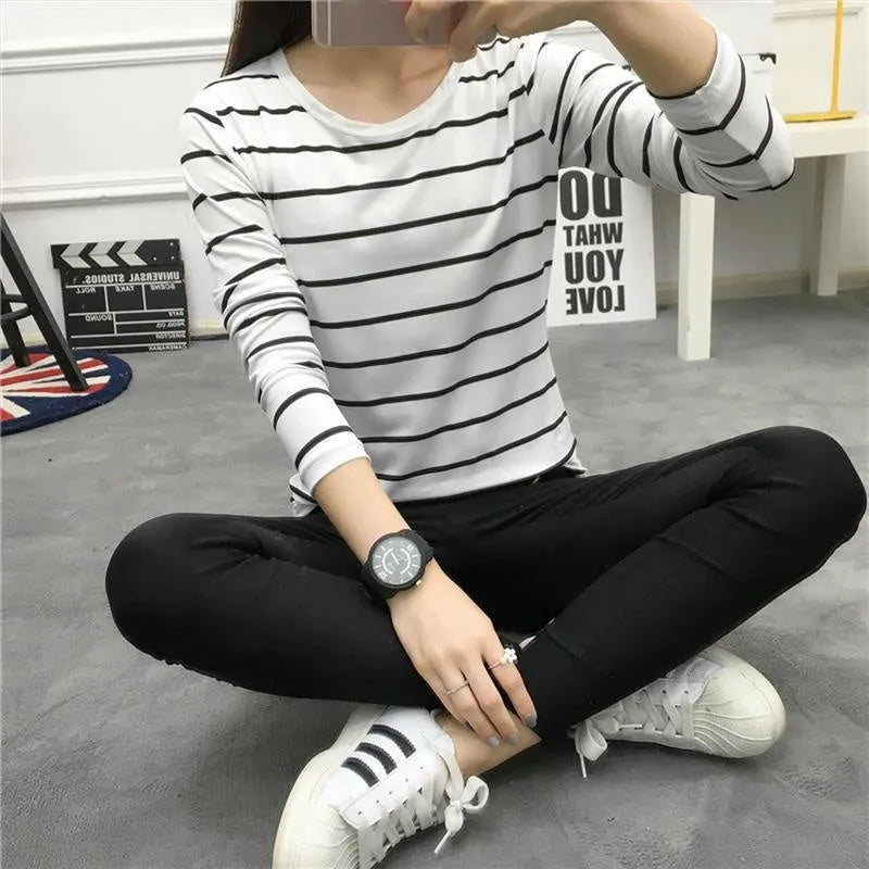 Striped loose long-sleeved T-shirt women's top in black, loose fit polyester fibre
