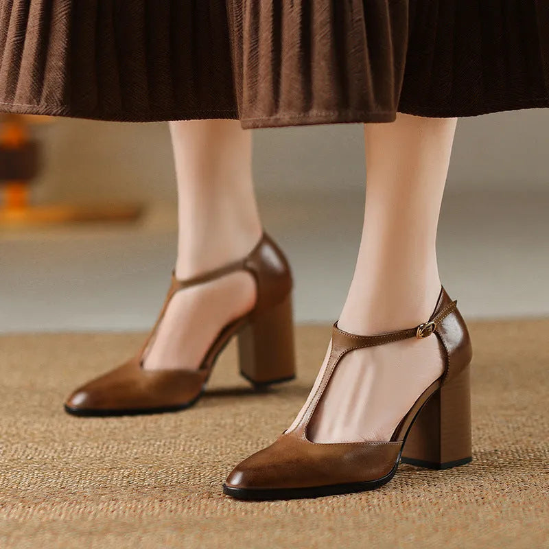 Women's retro pointed-toe Mary Jane shoes with a buckle, in pink or dark brown cowhide.