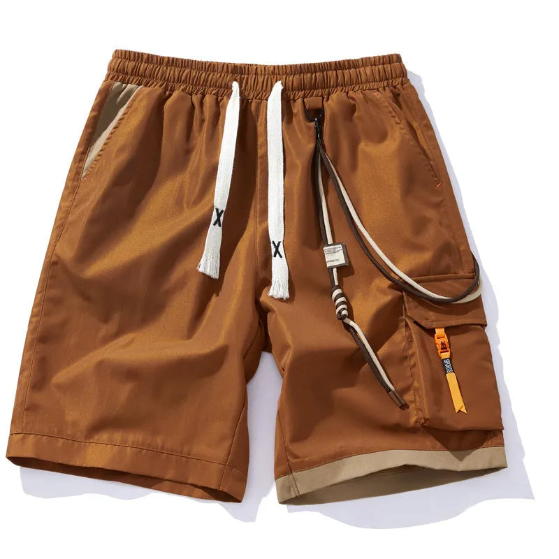 Men's plus size loose sports shorts in black, blue, coffee, and white featuring high waist and bamboo fiber fabric.