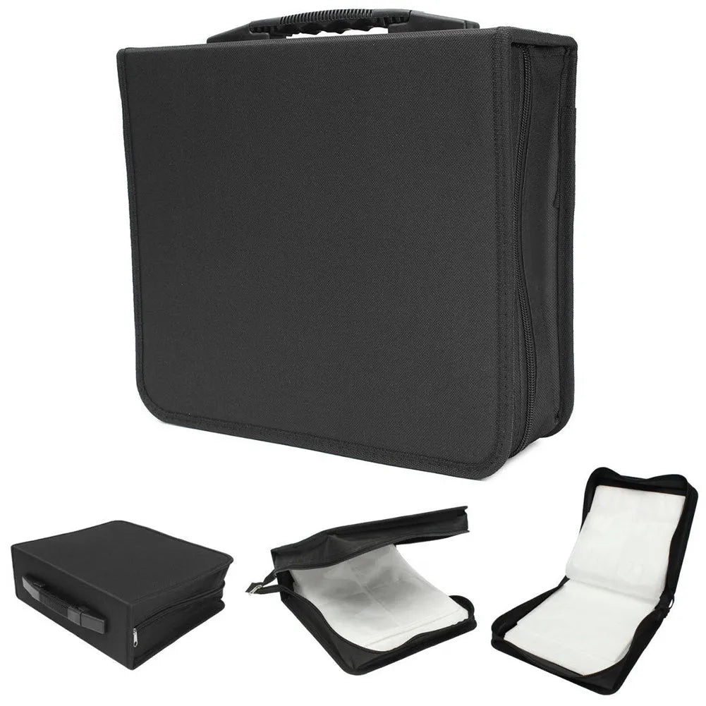 Black Oxford fabric CD DVD storage binder organiser with a hand strap and zipper, showing its capacity for hundreds of discs.