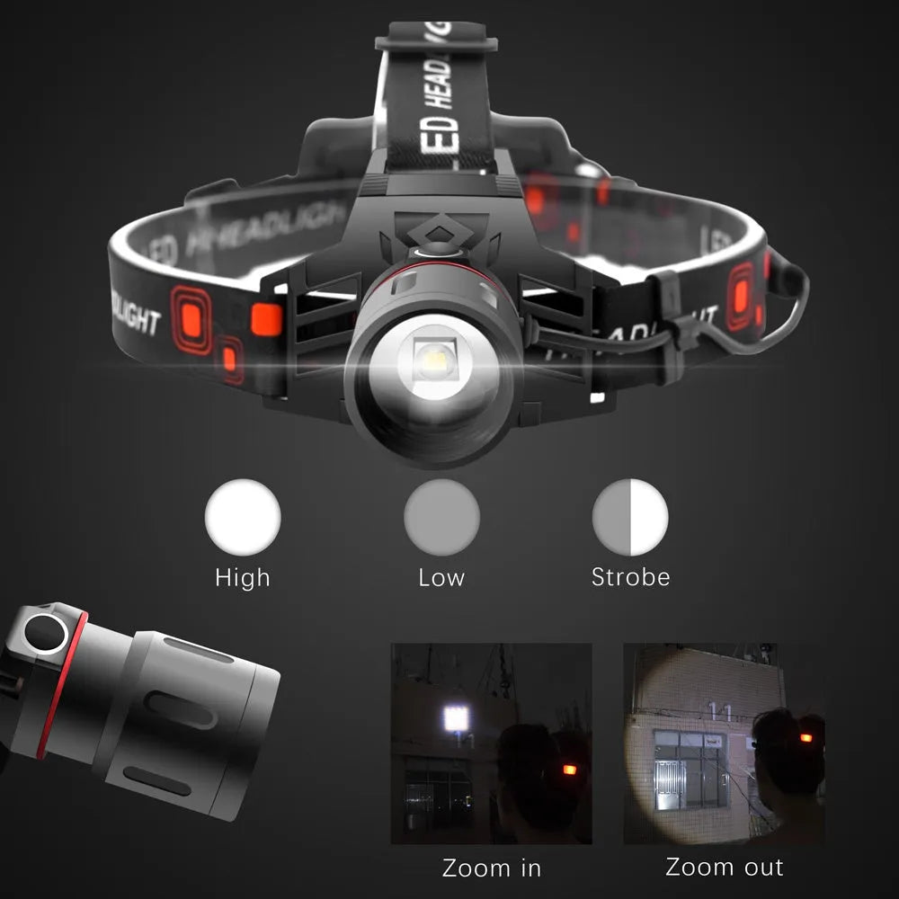 T6 LED zoom headlamp showing white, green, and red light modes on a headband.