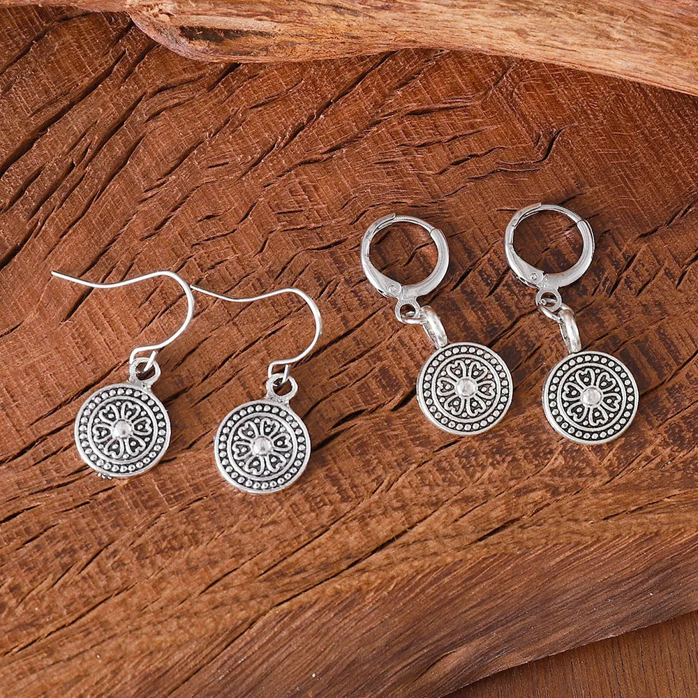 Bohemian retro geometric earrings with distressed ethnic design and electroplated finish in zinc alloy
