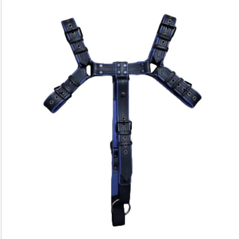 Blue and black leather adjustable shoulder strap with metal buckle and rivet hardware for binding restraint use
