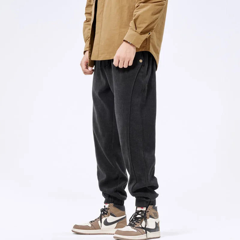 Men's corduroy ankle-tie casual sports pants, retro Japanese style, polyester, solid colour