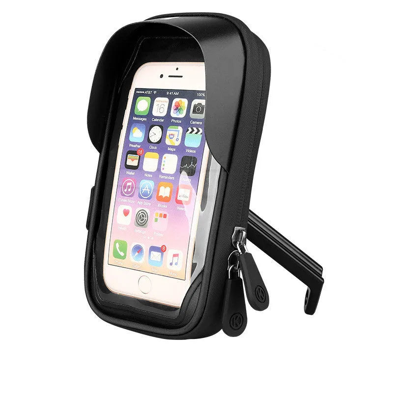 Black TPU mobile phone stand mounted on a bicycle handlebar, showing the waterproof zipper.
