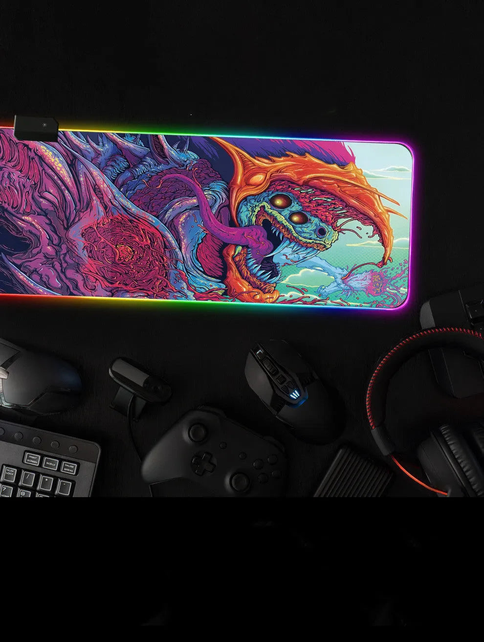 Symphony gaming light-emitting mouse pad with RGB illumination on a desk, 300x600x4mm size option