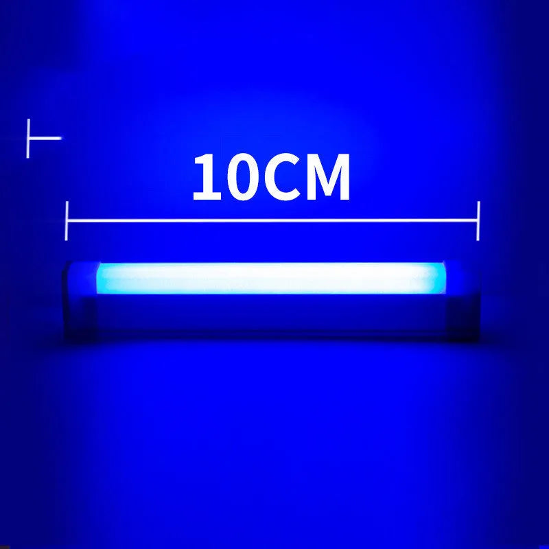 Blue and purple rechargeable LED tube night light with USB cable and dimmable switch.