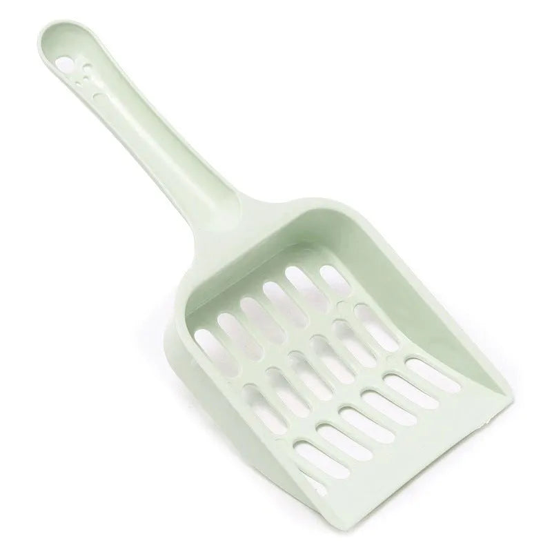 Plastic cat litter scoop in blue, green, or pink colours showing dimensions of 20cm length