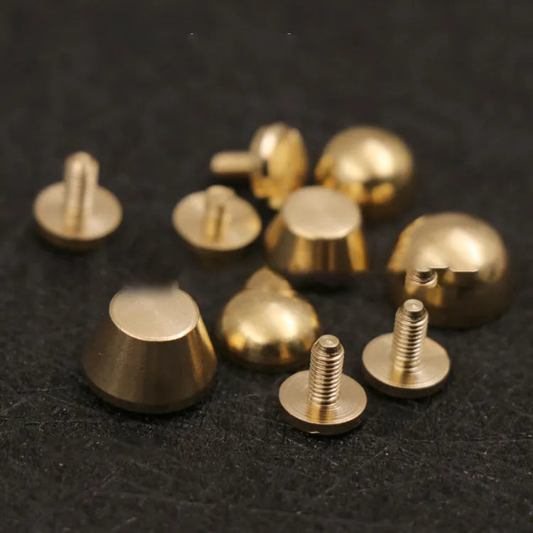 Brass decorative buckles showing round and bucket foot nail designs in 10x6mm and 12x7mm sizes