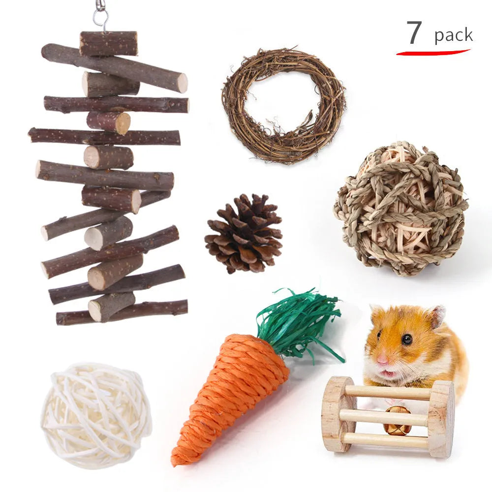 Wooden chew toy sets for rabbits, guinea pigs and parrots with various natural components