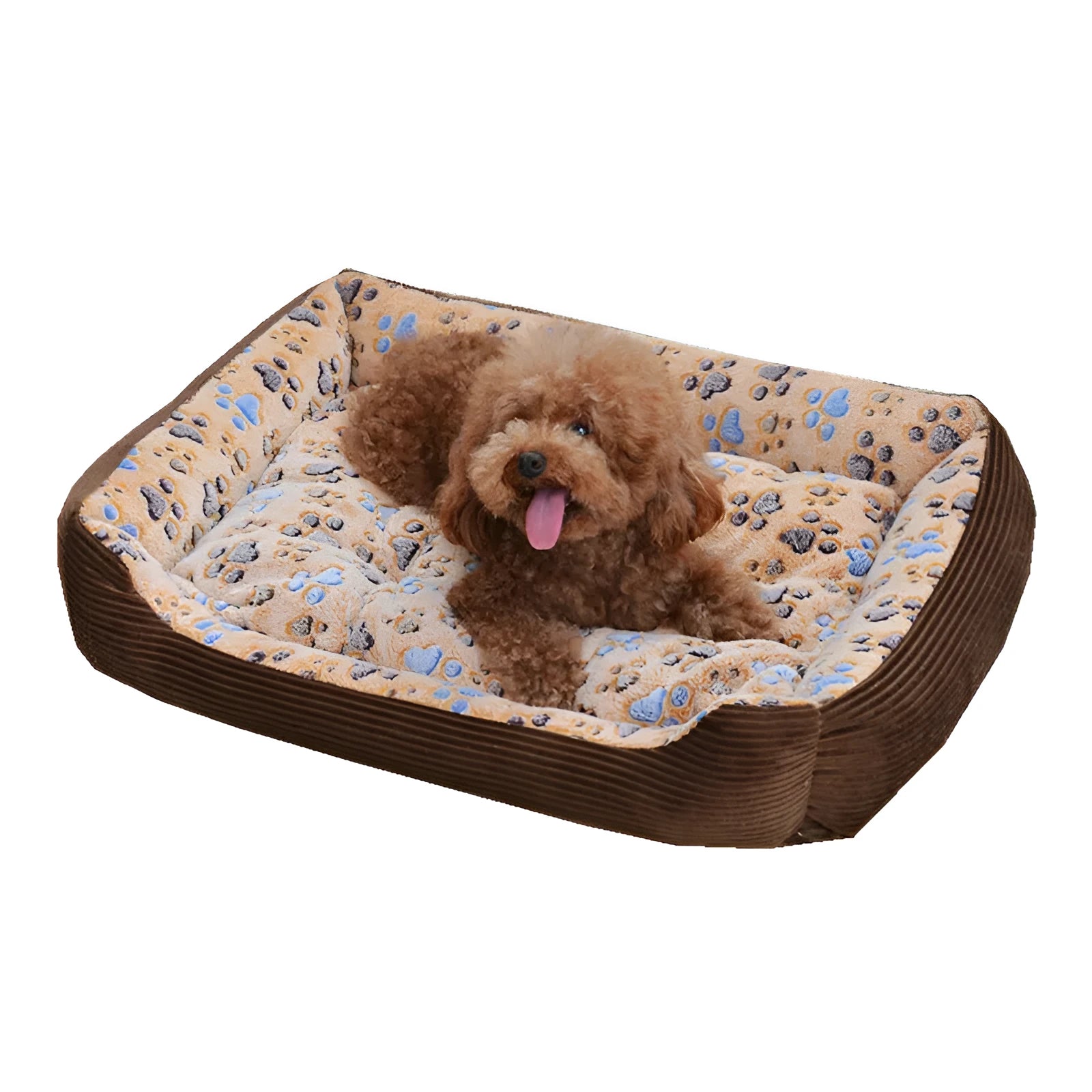 Plush pet bed with raised edges in beige colour, showing soft texture and contained sleeping area for pets