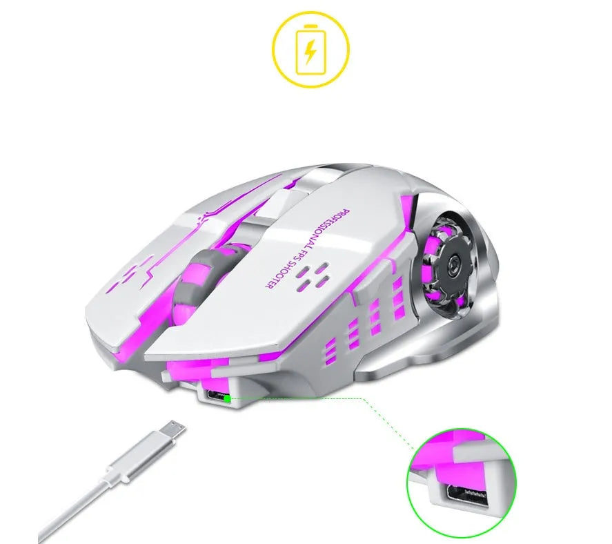 Black and white wireless computer mouse with USB-C charging port and six buttons
