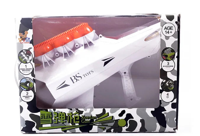 Plastic snowball clip launcher tool in black, green, and orange colours with strong rubber band