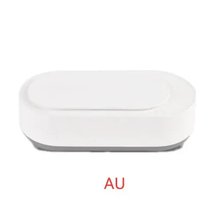 White portable ultrasonic cleaner machine with stainless steel tank for cleaning jewellery and glasses.