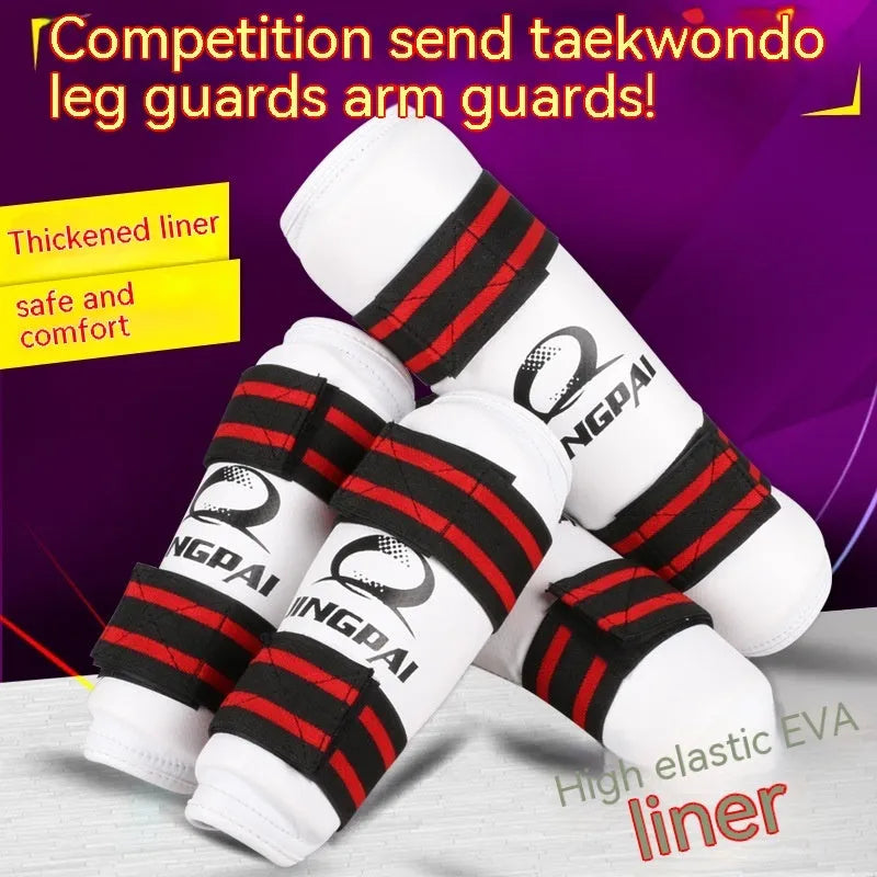 Taekwondo protective set showing black leg guards, arm guards, and elbow guards made from PU and EVA foam materials.